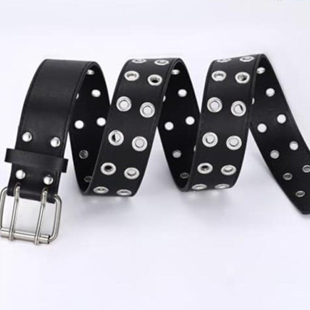 Studded Punk Belt Black Vegan Leather Double Grommet
